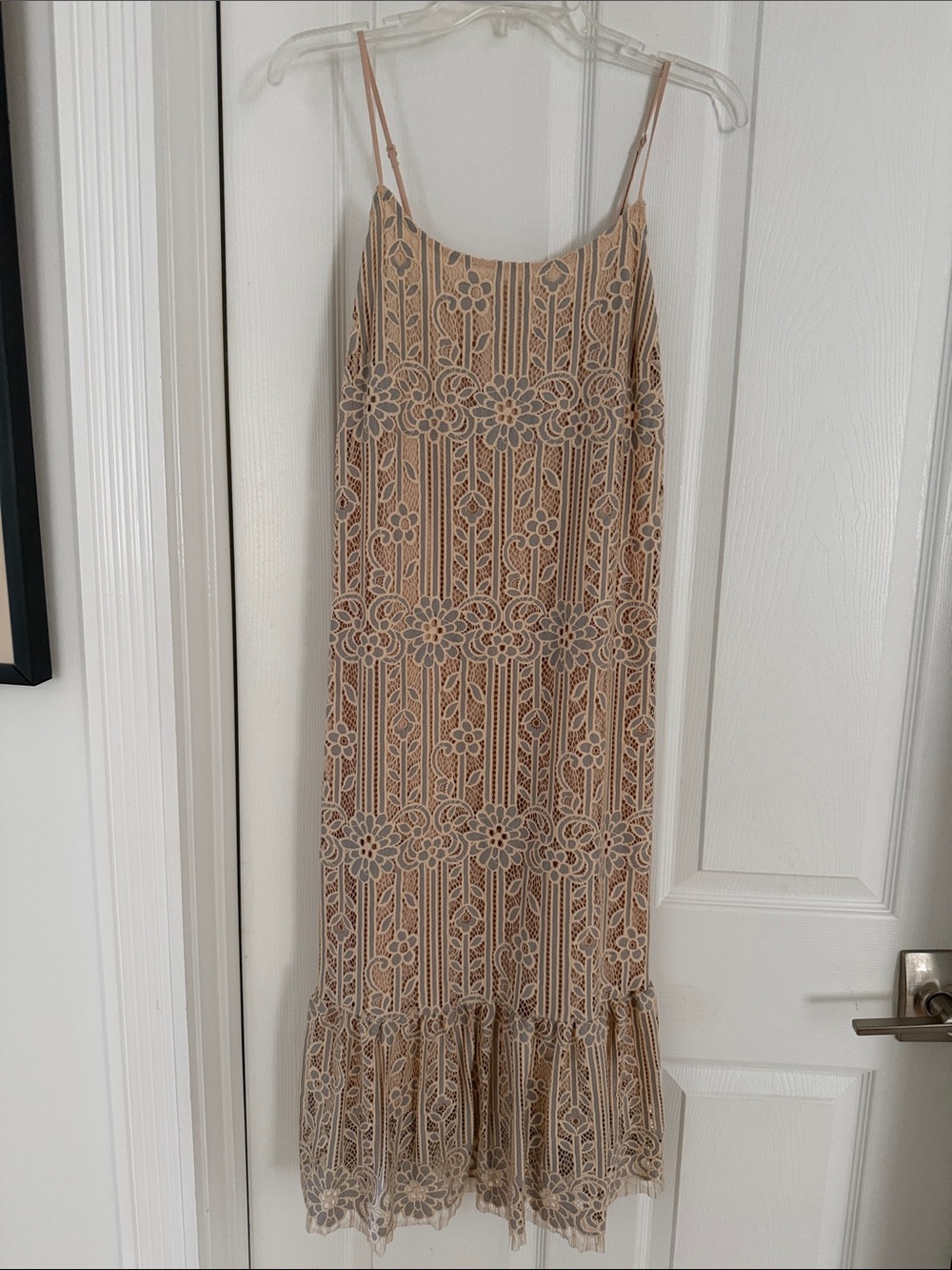 Spaghetti Strap Lace Midi Dress in Beige